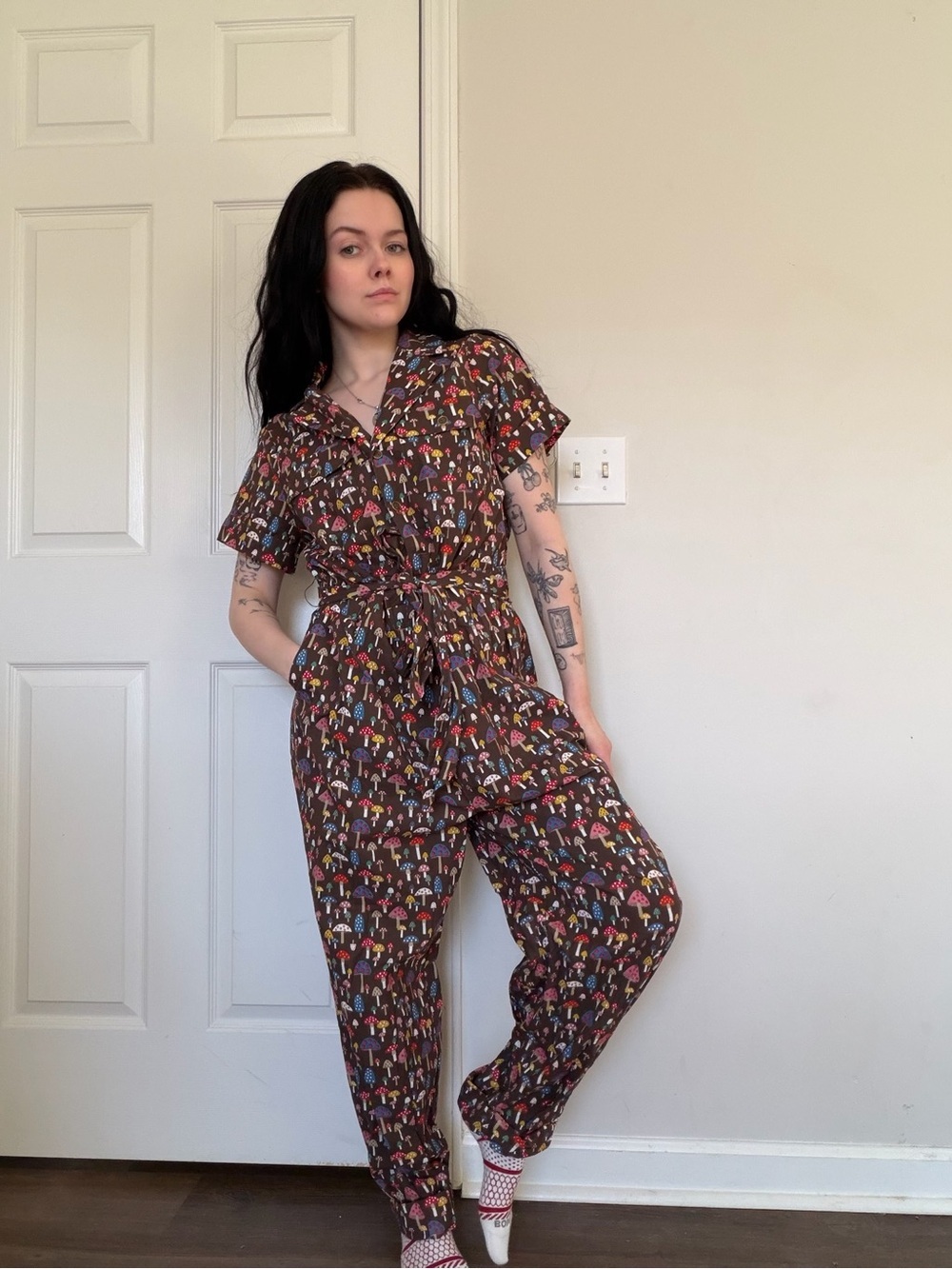 Modcloth Brown Short-Sleeve Jumpsuit with Tie Waist large